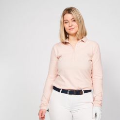 Koszulka polo do golfa z długim rękawem damska MW500. Czerwone bluzki damskie INESIS, m, bez wzorów, z bawełny, bez kołnierzyka, bez ramiączek. W wyprzedaży za 49.99 zł.