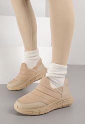 Ciemnobeżowe Pikowane Sneakersy Śniegowce na Grubej Tłoczonej Platformie Verta. Brązowe obuwie sportowe damskie Born2be, z jeansu, bez zapięcia. Za 69.99 zł.