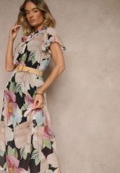 Czarna Rozkloszowana Sukienka Zdobiona Wiązaniem i Paskiem z Klamrą Sorisse. Czarne sukienki damskie Renee, z aplikacjami, eleganckie, bez ramiączek. W wyprzedaży za 107.99 zł.