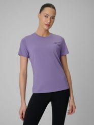 4F Koszulka treningowa regular szybkoschnąca damska - fioletowa XS. Fioletowe koszulki damskie 4F, xs, bez wzorów, bez kołnierzyka, bez ramiączek. Za 79.99 zł.