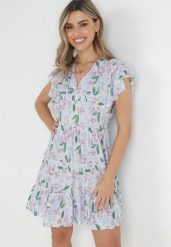 Jasnofioletowa Sukienka Taliowana z Wiskozy w Kwiaty Adomisia. Fioletowe sukienki damskie Born2be, bez wzorów, z wiskozy, bez ramiączek. Za 99.99 zł.