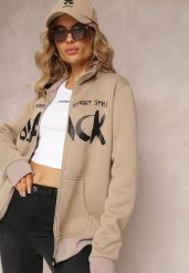 Jasnobeżowa Bluza Zapinana na Suwak z Kieszeniami i Półgolfem Ubaviela. Brązowe bluzy damskie Renee, l, bez wzorów, bez kaptura. Za 79.99 zł.