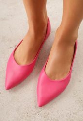 Fuksjowe Balerinki ze Szpiczastymi Noskami w Eleganckim Stylu Lagenaria. Czerwone balerinki damskie Renee, bez wzorów, z jeansu, ze szpiczastym noskiem. Za 59.99 zł.