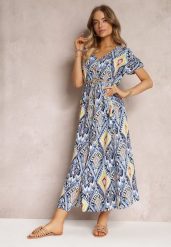 Niebieska Sukienka Maxi z Krótkim Rękawem i Sznurkiem w Pasie Nosine. Niebieskie sukienki damskie Renee, bez wzorów, bez ramiączek. W wyprzedaży za 51.99 zł.