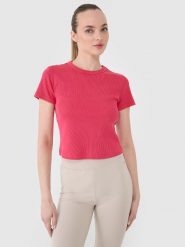 4F T-shirt slim z prążkowanej dzianiny damski - różowy S. Czerwone t-shirty damskie 4F, s, bez wzorów, z bawełny, bez kołnierzyka. W wyprzedaży za 49.99 zł.