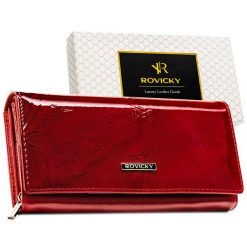Portfel damski lakierowany czerwony duży ze skóry naturalnej i ekologicznej ochrona RFID Rovicky RPN-28-YM. Brązowe portfele damskie ROVICKY, bez wzorów, z lakierowanej skóry. Za 89.99 zł.