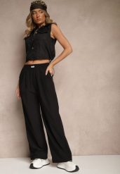 Czarne Spodnie o Szerokim Kroju z Bawełną High Waist Ozdobione Naszywką Naneriela. Czarne spodnie materiałowe damskie Renee, z aplikacjami, z bawełny. Za 49.99 zł.