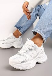 Biało-Srebrne Sneakersy na Masywnej Podeszwie z Siateczką Kubbia. Białe obuwie sportowe damskie Renee, bez zapięcia. Za 99.99 zł.