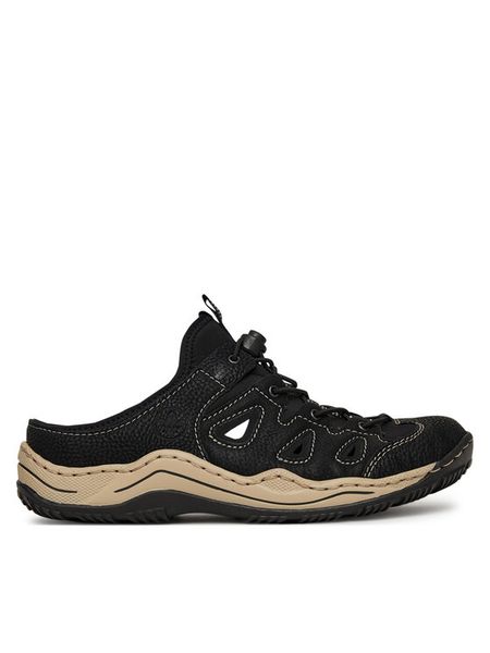 Rieker Klapki L0567-00 Czarny. Czarne klapki damskie Rieker, bez wzorów, z materiału, bez obcasa, bez zapięcia. Za 339.99 zł.