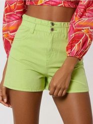 Szorty paperbag high waist - zielony. Zielone spodenki sportowe damskie Sinsay, l, bez wzorów, z bawełny, z podwyższonym stanem. W wyprzedaży za 22.99 zł.