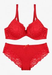 Czerwony Koronkowy Komplet Biustonosz i Majtki Figi w Klasycznym Stylu Ezirene. Czerwone komplety bielizny Renee, z aplikacjami, z jeansu. Za 39.99 zł.