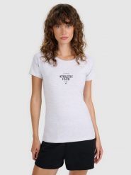 4F T-shirt slim z nadrukiem damski - szary M. Szare koszulki sportowe damskie 4F, m, bez wzorów, z bawełny, bez ramiączek. W wyprzedaży za 39.99 zł.