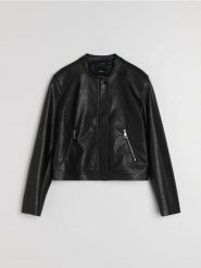 Kurtka biker ze stójką z imitacji skóry - czarny. Czarne kurtki damskie Sinsay, l, bez wzorów, ze skóry, bez kaptura. Za 79.99 zł.