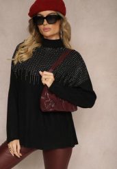 Czarny Golf o Kroju Oversize z Eleganckim Cyrkoniowym Zdobieniem przy Dekolcie Melirra. Czarne golfy damskie Renee, s, z aplikacjami, bez ramiączek. Za 69.99 zł.