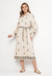 Beżowa Wiskozowa Sukienka Koszulowa Szmizjerka z Paskiem Telandora. Brązowe sukienki damskie Born2be, bez wzorów, z wiskozy, eleganckie, bez ramiączek. W wyprzedaży za 152.99 zł.