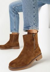 Brązowe Botki z Ozdobnym Suwakiem Madania. Brązowe botki damskie Born2be, bez obcasa, na płaskiej podeszwie, bez zapięcia. Za 139.99 zł.
