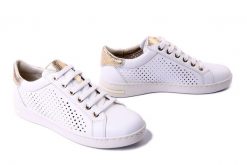 GEOX D151BB 085CF C0232 white/gold, półbuty damskie. Białe półbuty damskie Geox, na lato, bez wzorów, bez obcasa, bez zapięcia. Za 363.30 zł.