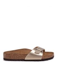 Birkenstock Klapki Madrid Bs 1016107 Złoty. Żółte klapki damskie Birkenstock, bez wzorów, ze skóry, bez obcasa, bez zapięcia. Za 279.99 zł.