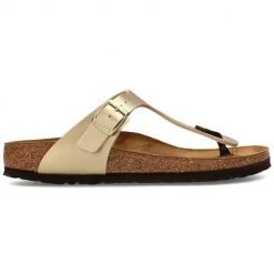 Japonki damskie Birkenstock Gizeh. Żółte klapki damskie Birkenstock, bez wzorów, z materiału, bez obcasa, bez zapięcia. Za 296.10 zł.