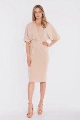 Sukienka elegancka midi kimonowa góra dopasowany dół beżowa. Brązowe sukienki damskie Stylove, bez wzorów, z poliesteru, biznesowe, bez ramiączek. Za 289.00 zł.