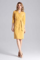 Musztardowa Klasyczna Kopertowa Sukienka z Paskiem. Brązowe sukienki damskie Figl, bez wzorów, z materiału, klasyczne, bez ramiączek. Za 289.00 zł.