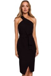 Sukienka elegancka ołówkowa na jedno ramię z rozcięciem czarna. Czarne sukienki damskie Sukienki.shop, bez wzorów, eleganckie, bez ramiączek. Za 209.00 zł.