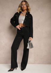 Czarne Szerokie Jeansy z Bawełną High Waist z Cyrkoniami Aslevia. Czarne jeansy damskie Renee, z podwyższonym stanem. Za 129.99 zł.