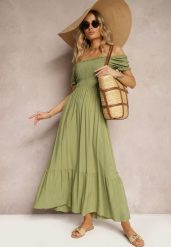 Zielona Rozkloszowana Sukienka z Bawełny Typu Hiszpanka z Marszczoną Górą Xilvia. Zielone sukienki damskie Renee, bez wzorów, z bawełny, eleganckie, bez ramiączek. W wyprzedaży za 39.99 zł.