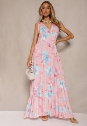 Różowa Plisowana Sukienka o Rozkloszowanym Fasonie na Szerokich Ramiączkach Nitanela. Czerwone sukienki damskie Renee, bez wzorów, z materiału, eleganckie, bez ramiączek. W wyprzedaży za 90.99 zł.