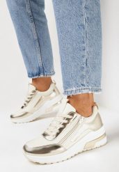 Beżowe Sznurowane Sneakersy na Grubej Podeszwie z Błyszczącymi Wstawkami i Suwakiem Revilinsa. Brązowe obuwie sportowe damskie Born2be, bez zapięcia. Za 119.99 zł.