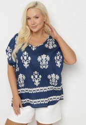Niebieska Bluzka z Wiskozy we Wzór w Stylu Boho Lunaseia. Niebieskie bluzki damskie Born2be, s, bez wzorów, z jeansu, boho, bez kołnierzyka, bez ramiączek. Za 39.99 zł.