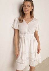 Jasnobeżowa Letnia Sukienka Wiskozowa o Rozkloszowanym Kroju z Bufiastymi Rękawami Aikede. Brązowe sukienki damskie Born2be, bez wzorów, z wiskozy, boho, bez ramiączek. Za 169.99 zł.