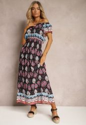 Czarno-Różowa Sukienka na Lato z Bawełny z Modelującą Gumką w Talii Deorna. Czarne sukienki damskie Renee, bez wzorów, z bawełny, bez ramiączek. W wyprzedaży za 55.99 zł.