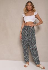 Zielono-Czarne Spodnie z Wiskozy High Waist w Kwiatowy Wzór Liosena. Zielone spodnie materiałowe damskie Renee, bez wzorów, z jeansu. Za 39.99 zł.
