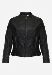 Czarna Kurtka Ramoneska o Taliowanym Kroju ze Stójką na Nap Lissae. Czarne kurtki damskie Born2be, plus size, bez wzorów, z jeansu, bez kaptura. Za 119.99 zł.