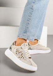 Beżowe Sneakersy Ozdobione Gwiazdą i Nitami Zeloti. Brązowe obuwie sportowe damskie Renee, z dzianiny, bez zapięcia. Za 99.99 zł.