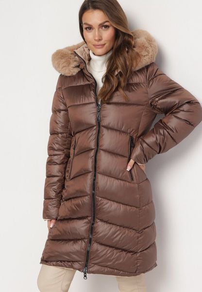 Brązowa Pikowana Kurtka Dwustronna przed Kolano z Kapturem i Futerkiem Niragres. Brązowe kurtki damskie Born2be, m, z aplikacjami, z futra, z kapturem. Za 199.99 zł.