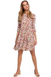 Letnia Sukienka w Drobne Kwiatki - Model 5. Brązowe sukienki damskie MOE, bez wzorów, z materiału, wizytowe, bez ramiączek. Za 239.90 zł.