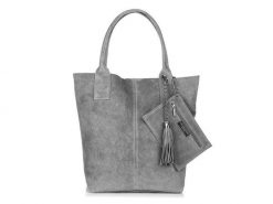 Shopperka szara skórzana T49. Szare torebki klasyczne damskie ze skóry, duże, bez dodatków. Za 208.99 zł.