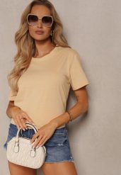 Beżowa Koszulka z Bawełny o Fasonie T-shirt Lormarka. Brązowe bluzki damskie Renee, xl, bez wzorów, z bawełny, bez kołnierzyka, bez ramiączek. Za 14.99 zł.