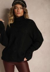 Czarny Golf z Wiskozą w Stylu Oversize z Ozdobnym Splotem Korremi. Czarne golfy damskie Renee, m, bez wzorów, z wiskozy, bez ramiączek. Za 79.99 zł.