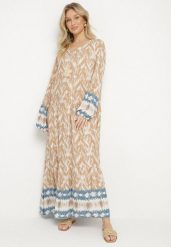 Beżowa Sukienka Rozkloszowana z Ozdobnym Wiązaniem w Boho Wzór Erainea. Brązowe sukienki damskie Born2be, z aplikacjami, z jeansu, boho, bez ramiączek. W wyprzedaży za 72.24 zł.