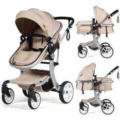Wózek spacerowy z funkcją gondoli beżowy. Brązowe spacerówki Costway. Za 779.00 zł.