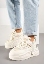 Beżowe Sneakersy na Grubej Podeszwie z Ozdobnym Sznurowaniem Punea. Brązowe obuwie sportowe damskie Born2be, z jeansu, bez zapięcia. Za 89.99 zł.