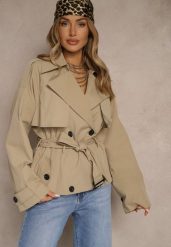 Beżowa Dwurzędowa Kurtka w Stylu Trencza o Krótkim Kroju z Paskiem Stellis. Brązowe kurtki damskie Renee, m, bez wzorów, z materiału, bez kaptura. Za 239.99 zł.