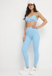 Jasnoniebieski Komplet Sportowy z Ozdobnymi Przeszyciami Legginsy i Top na Ramiączkach Filinella. Niebieskie legginsy damskie Born2be, m, bez wzorów. Za 84.99 zł.