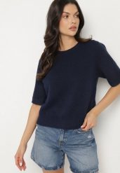 Granatowy Sweter z Wełną i Krótkim Rękawem Turosa. Niebieskie swetry klasyczne damskie Born2be, z jeansu, bez kołnierzyka. Za 109.99 zł.