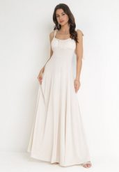 Jasnobeżowa Rozkloszowana Sukienka Maxi z Wiązanymi Ramiączkami Lisija. Brązowe sukienki damskie Born2be, bez wzorów, eleganckie, bez ramiączek. Za 189.99 zł.
