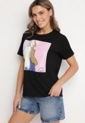 Czarny T-shirt z Bawełny Zdobiony Geometrycznym Nadrukiem Meppora. Czarne t-shirty damskie Born2be, s, z aplikacjami, z bawełny, bez kołnierzyka. Za 34.99 zł.