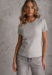 Szary Bawełniany T-shirt o Dopasowanym Kroju z Prążkowanego Materiału Lailya. Szare t-shirty damskie Renee, m, bez wzorów, z bawełny, bez kołnierzyka. Za 39.99 zł.